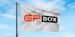 A flag with the GPBox logo highlighting a successfully growing motorsport marketplace