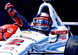 Juan Pablo Montoya celebrating an Indy Car Race win poster and print