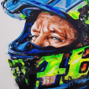 Valentino Rossi closeup handpainted artwork of helmet and race winning