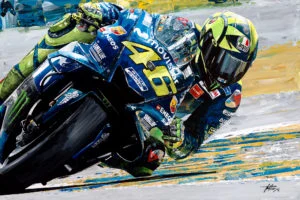 Valentino Rossi MotoGP handpainted canvas riding motorbike in a corner