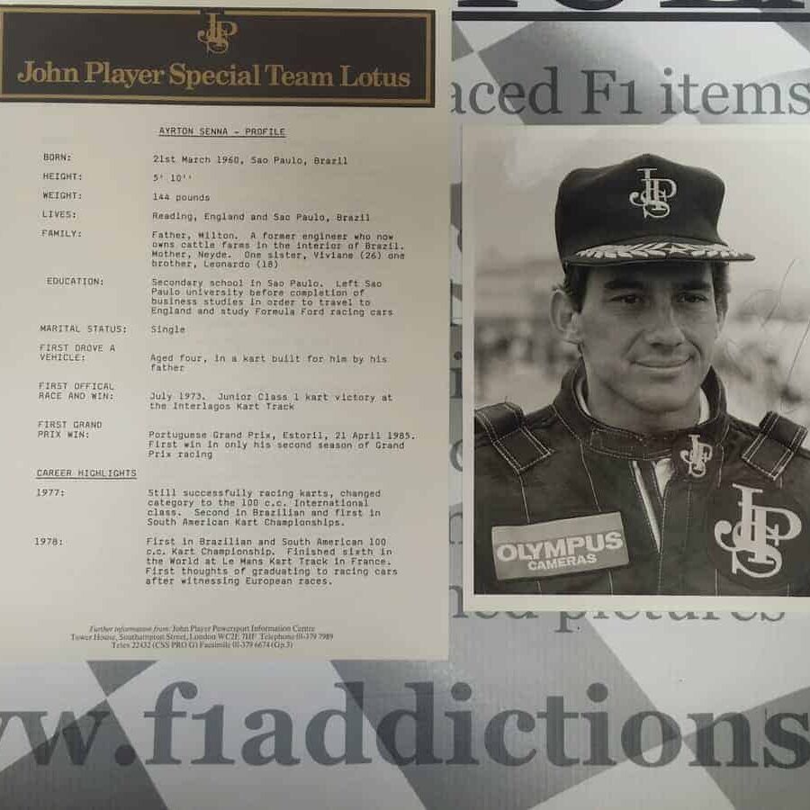 NOW SOLD-Senna and De Angelis personally signed JPS Lotus press pack Ayrton Senna