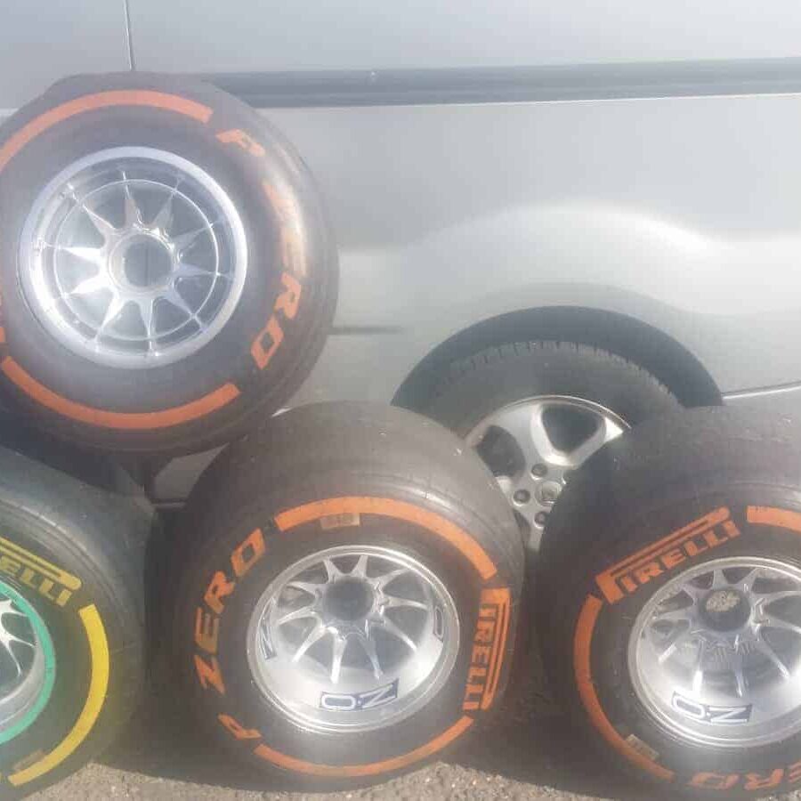 NOW SOLD-Very rare Pirelli tyres in different colours with Seb Vettel World Championship winning REAR wheel F1 Car Parts
