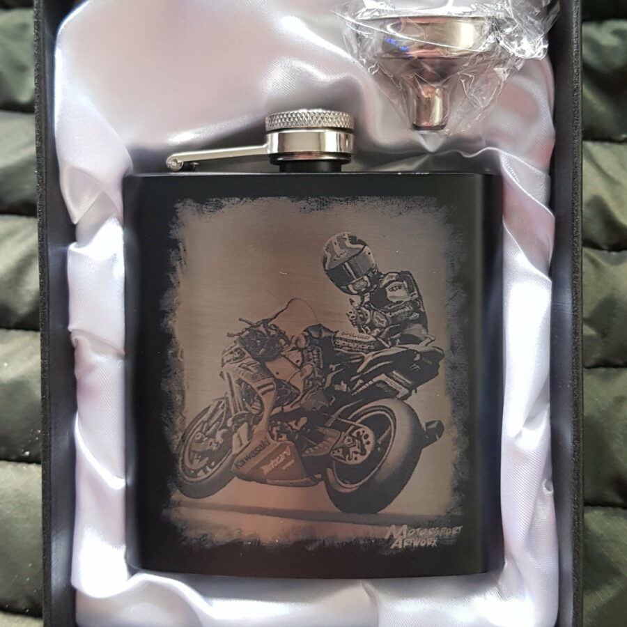 Jonathan Rea stainless steel computer etched hip flask. MotoGP Clothing & Merchandise
