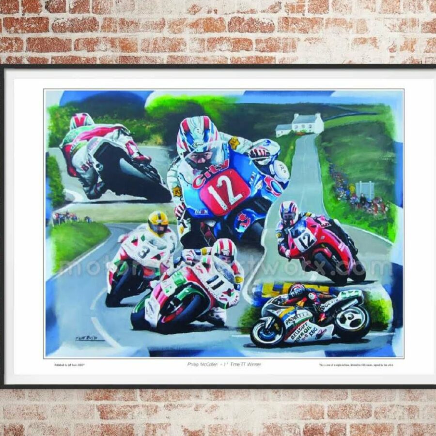 Phillip McCallen autographed limited edition print of the Isle of Man TT by Jeff Rush MotoGP Art