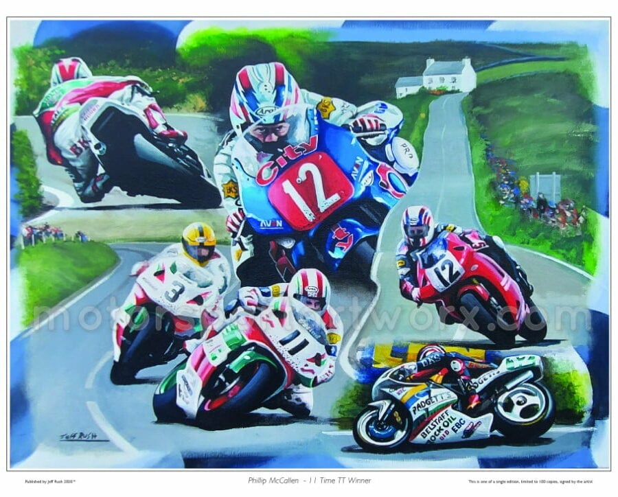 Phillip McCallen autographed limited edition print of the Isle of Man TT by Jeff Rush MotoGP Art