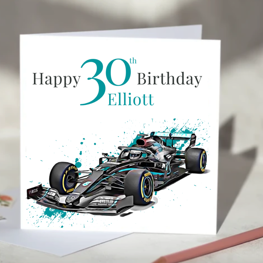 Mercedes Formula One F1 Birthday Card Personalise with Age and Name F1 Art