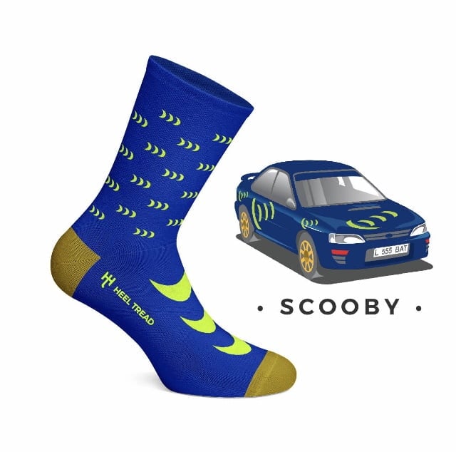 Scooby rally car heel and tread socks WRC & Rally