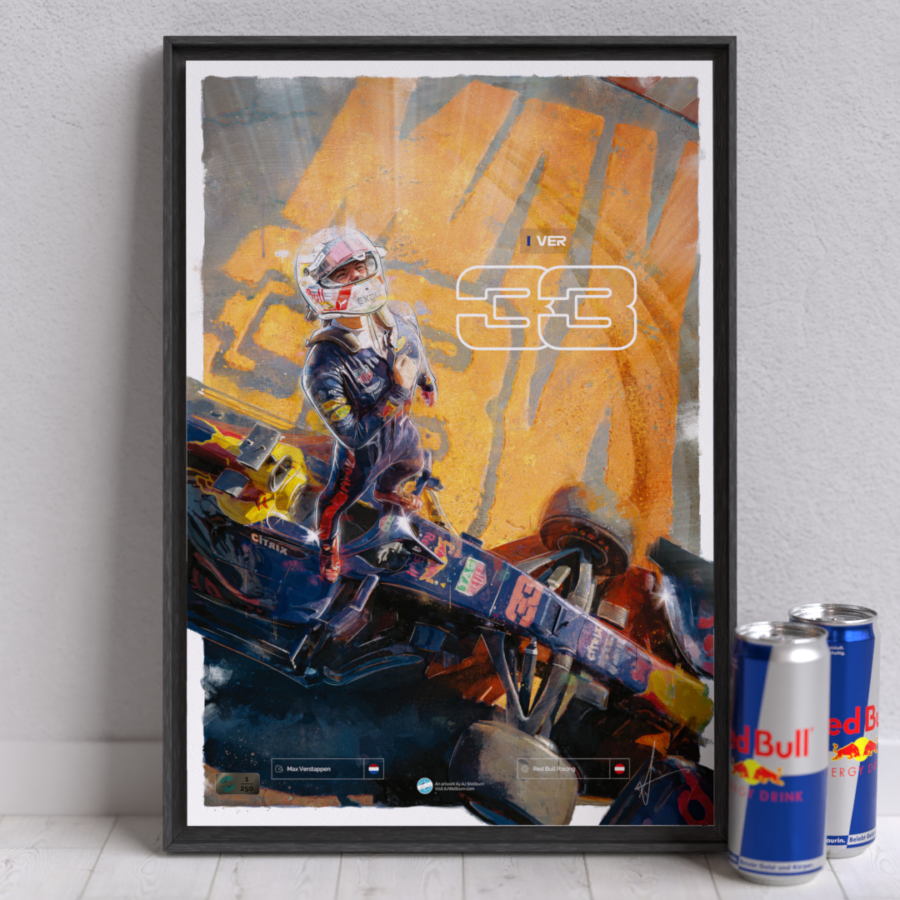 Max Verstappen, Red Bull Racing Formula 1 Wall Art – Limited edition of 250 from the Sports Car Racing Posters & Prints store collection.