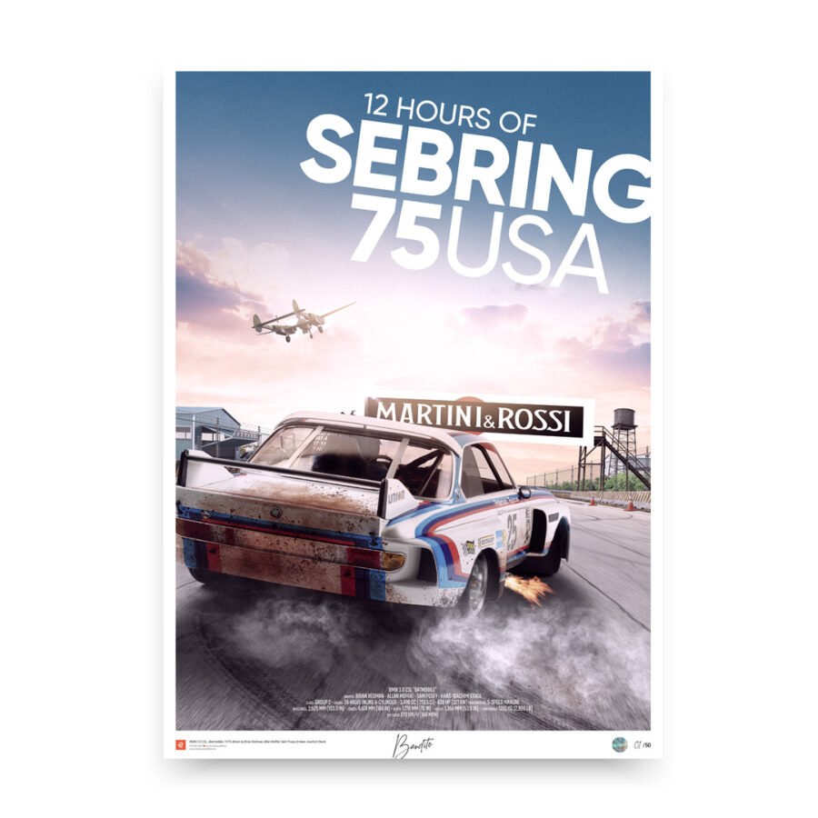 BMW CSL 3.0 – 12h of Sebring 1975 - IMSA - automotive racing car art illustration poster design print - Size 40 x 50 cm, 50 x 70 cm or 60 x 80 cm (Copy) from the BMW store collection.