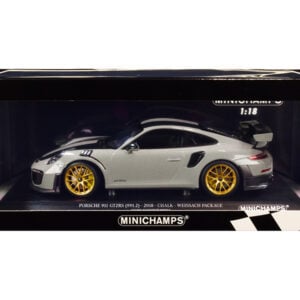 2018 Porsche 911 GT2RS (991.2) Weissach Package Chalk Gray with Carbon Stripes and Golden Magnesium Wheels Limited Edition to 300 pieces Worldwide 1/18 Diecast Model Car by Minichamps Sports Car Racing Model Cars by Diecast Mania
