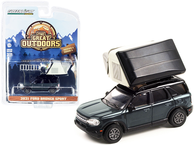 2021 Ford Bronco Sport Dark Gray and Black with Modern Rooftop Tent "The Great Outdoors" Series 1 1/64 Diecast Model Car by Greenlight Automotive