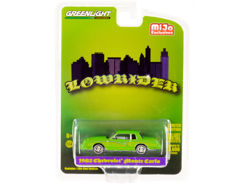 1982 Chevrolet Monte Carlo "Lowrider" Bright Green Metallic with Graphics and White Interior 1/64 Diecast Model Car by Greenlight Automotive