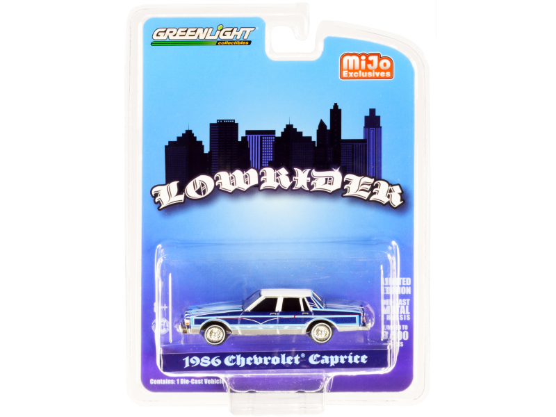1986 Chevrolet Caprice "Lowrider" Blue Metallic with Graphics and White Top 1/64 Diecast Model Car by Greenlight Automotive