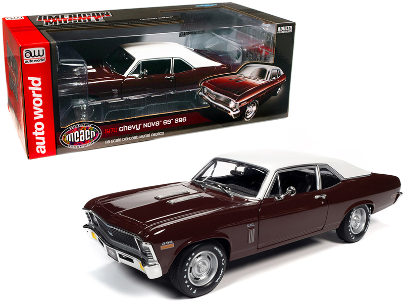1970 Chevrolet Nova SS 396 Black Cherry Red with White Top "Muscle Car & Corvette Nationals" (MCACN) 1/18 Diecast Model Car by Autoworld Automotive