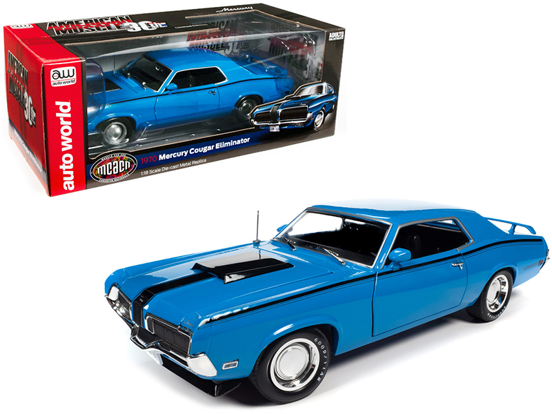1970 Mercury Cougar Eliminator Hardtop Competition Blue with Black Stripes "Muscle Car & Corvette Nationals" (MCACN) "American Muscle 30th Anniversary" 1/18 Diecast Model Car by Autoworld Automotive