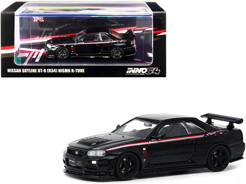Nissan Skyline GT-R (R34) Nismo R-Tune RHD (Right Hand Drive) Black Pearl with Stripes and Graphics 1/64 Diecast Model Car by Inno Models Automotive