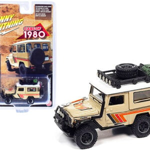 1980 Toyota Land Cruiser with Roof Rack Beige with White Top and Stripes Limited Edition to 3600 pieces Worldwide 1/64 Diecast Model Car by Johnny Lightning  by Diecast Mania