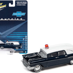 1957 Chevrolet Hearse Metisse Blue Metallic with White Top 1/64 Diecast Model Car by Johnny Lightning  by Diecast Mania