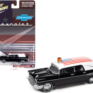 1957 Chevrolet Hearse Black with White Top and American Flag Graphics 1/64 Diecast Model Car by Johnny Lightning  by Diecast Mania