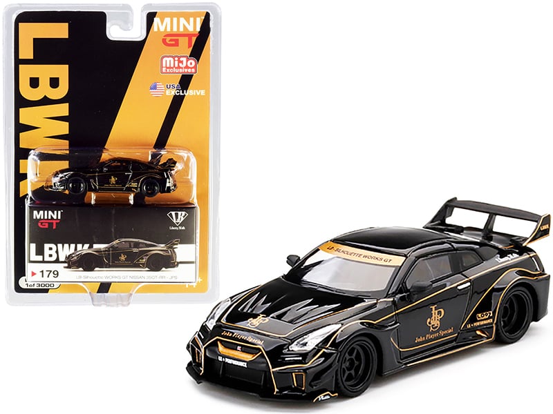 Nissan 35GT-RR Ver. 1 LB-Silhouette WORKS GT RHD (Right Hand Drive) Black with Gold Stripes "JPS" (John Players Special) Limited Edition to 3000 pieces Worldwide 1/64 Diecast Model Car by T Automotive