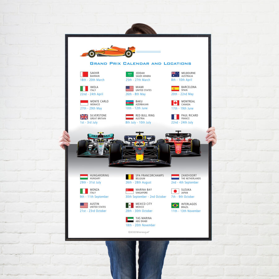 Formula 1 2022 Season Calendar Poster 3 Cars on White Formula 1 Memorabilia