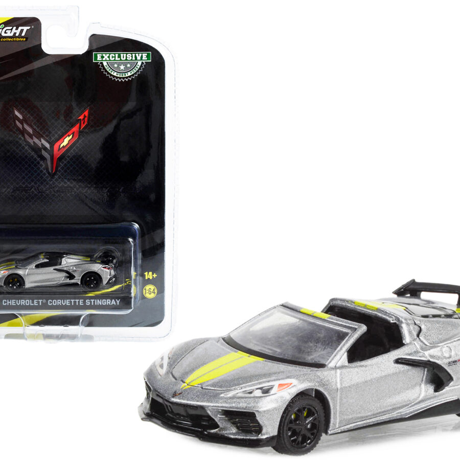 2022 Chevrolet Corvette C8.R Stingray Convertible Hypersonic Gray with Yellow Stripes "2022 IMSA GTLM Championship Edition" "Hobby Exclusive" Series 1/64 Diecast Model Car by Greenlight Automotive