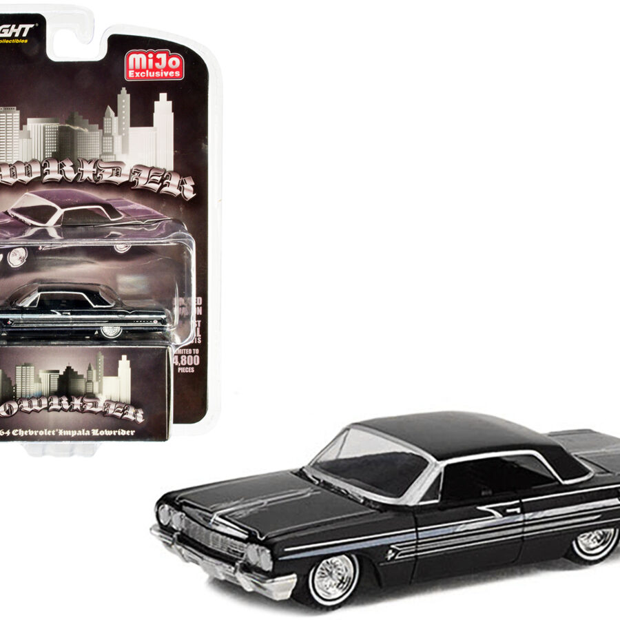 1964 Chevrolet Impala SS Lowrider Black Metallic with Graphics "Mijo Exclusives" Series Limited Edition to 4800 pieces Worldwide 1/64 Diecast Model Car by Greenlight Automotive