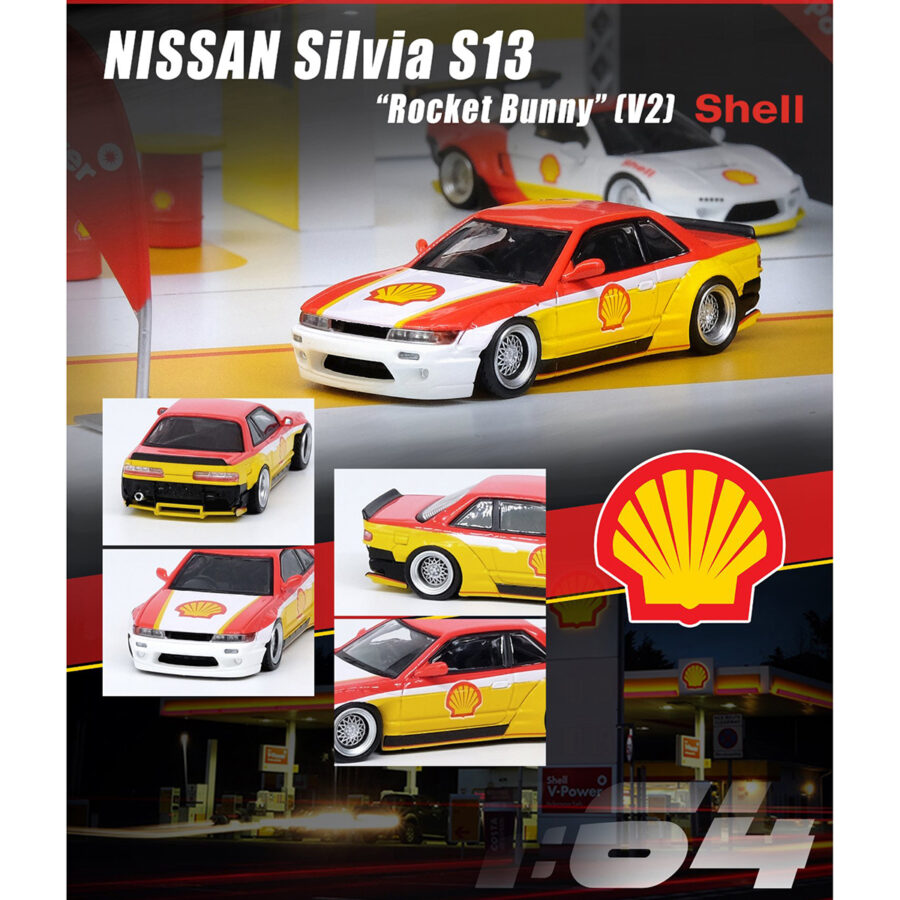 Nissan Silvia S13 Rocket Bunny V2 RHD (Right Hand Drive) Yellow and Red with White "Shell" 1/64 Diecast Model Car by Inno Models Automotive