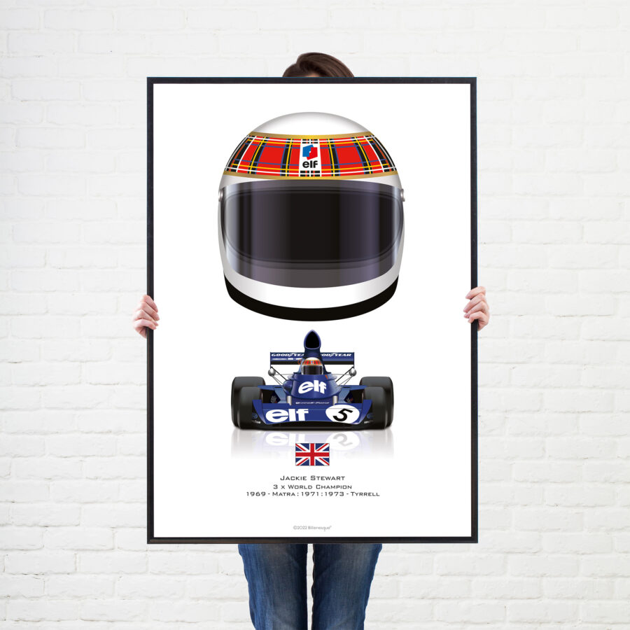 Jackie Stewart 1973 Formula 1 Helmet and Tyrrell wall art poster print F1 Art
