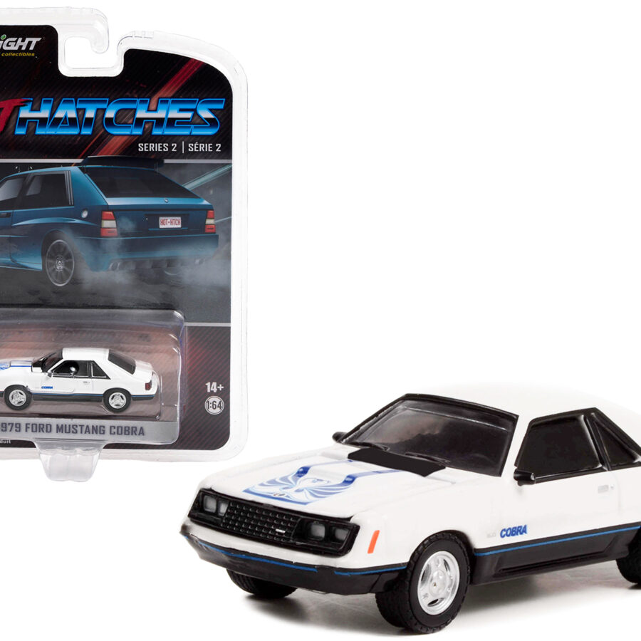 1979 Ford Mustang Cobra White with Medium Blue Glow Graphics "Hot Hatches" Series 2 1/64 Diecast Model Car by Greenlight Automotive