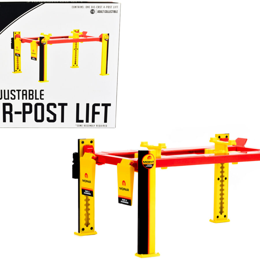 Adjustable Four Post Lift "MOPAR" Black and Yellow for 1/18 Scale Diecast Model Cars by Greenlight Automotive