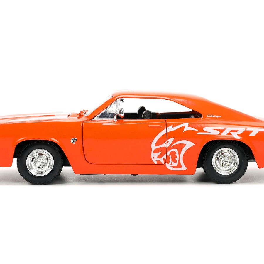 1968 Dodge Charger R/T SRT Orange with White Stripes and Graphics "Bigtime Muscle" Series 1/24 Diecast Model Car by Jada Automotive