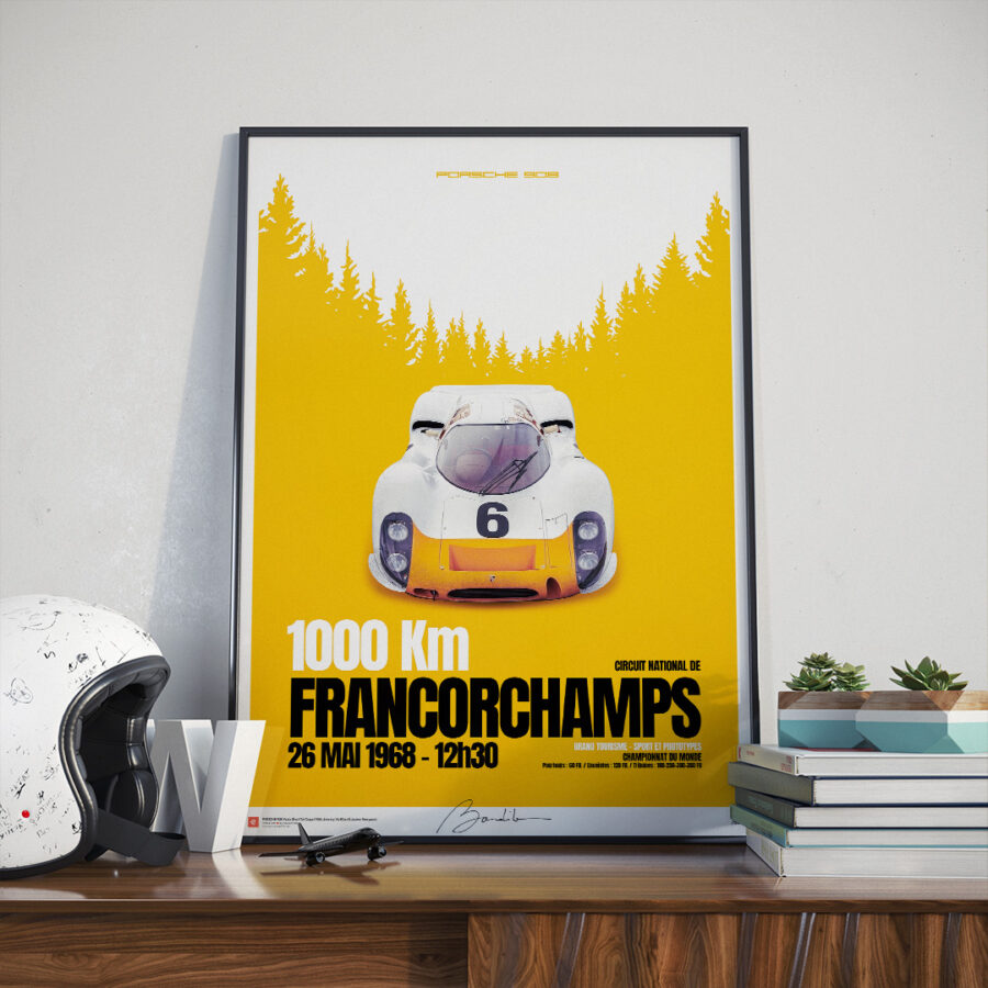 Porsche 908 , 1000 km de Spa Francorchamps 1968. Limited and signed edition, poster printed on art paper. Motor racing poster WEC & Le Mans Memorabilia
