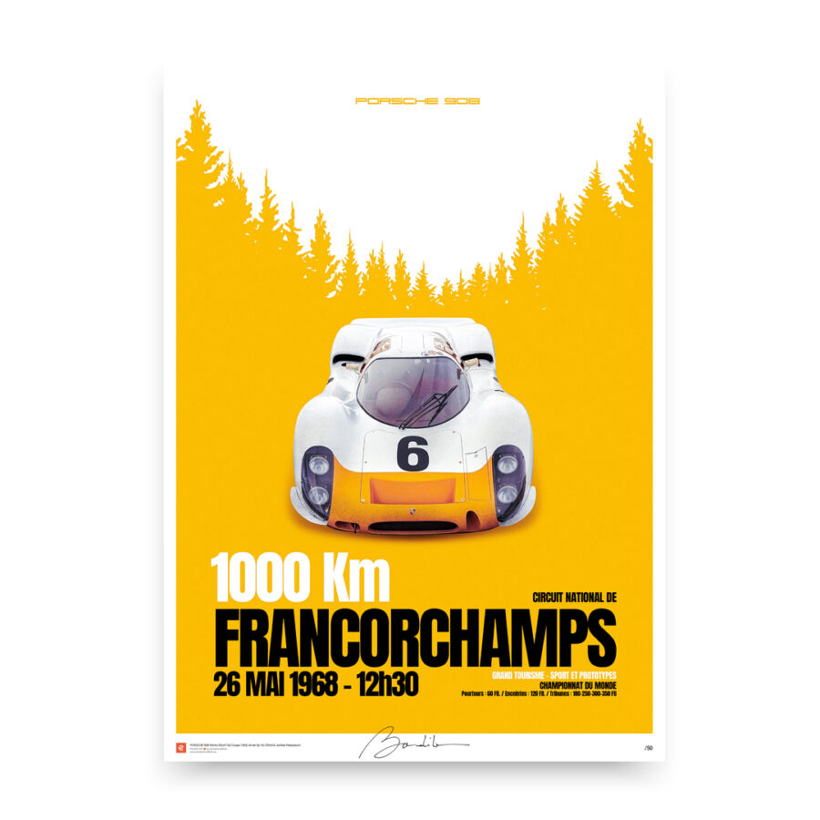 Porsche 908 , 1000 km de Spa Francorchamps 1968. Limited and signed edition, poster printed on art paper. Motor racing poster WEC & Le Mans Memorabilia