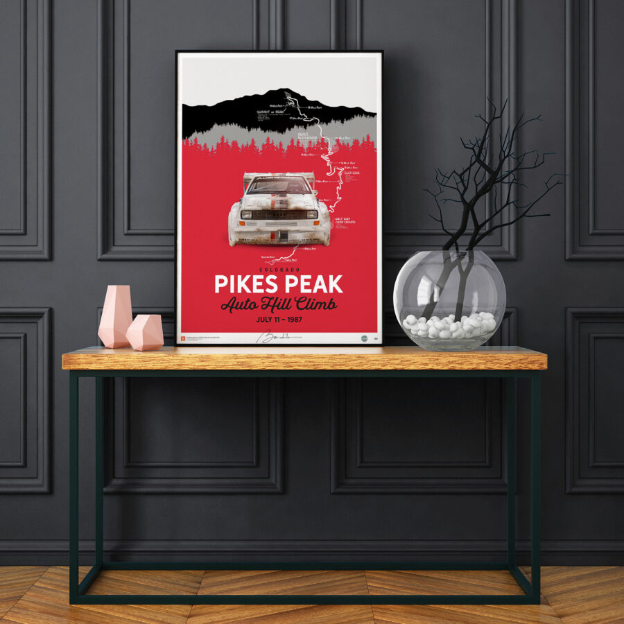 Audi Quattro S1, Pikes Peak 1987. Limited and signed edition, poster printed on art paper. Motor racing poster. offer, party Audi