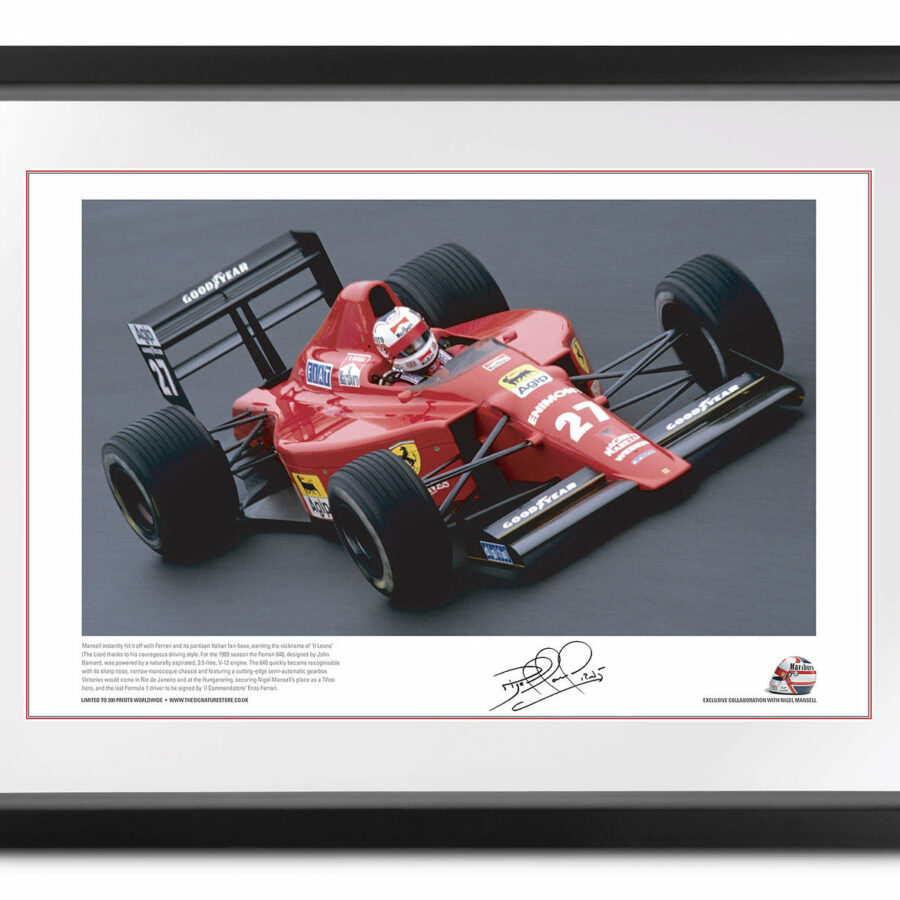 Nigel Mansell signed Ferrari lithograph from the Nigel Mansell store collection.