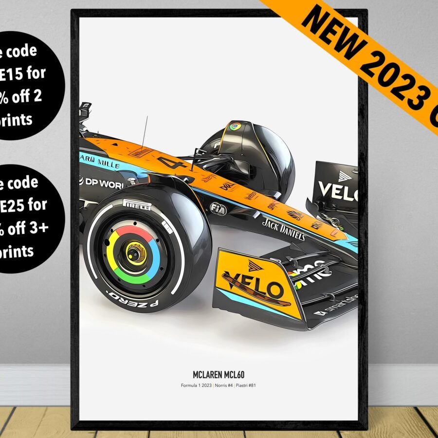 2023 Mclaren F1 MCL60 art poster print, Formula 1, Oscar Piastri poster, Lando Norris poster, Mclaren Poster wall art F1 wall art print Formula 1 Memorabilia