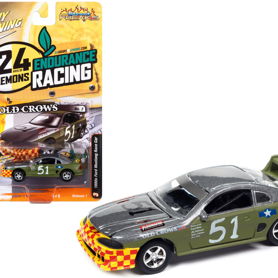 1990s Ford Mustang Race Car #51 Military Green and Dark Silver Metallic "Old Crows" "24 Hours of Lemons" Limited Edition to 4740 pieces Worldwide "Street Freaks" Series 1/64 Diecast Model Car by Johnny Lightning Automotive