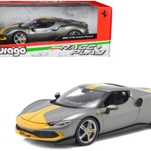 Ferrari 296 GTB Assetto Fiorano Gray Metallic with Yellow Stripes "Race + Play" Series 1/18 Diecast Model Car by Bburago  by Diecast Mania